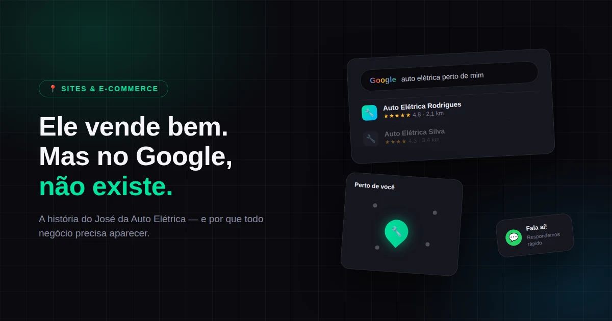 Ilustração representando uma busca no Google por 'auto elétrica perto de mim' ao lado de uma oficina